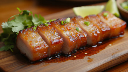 Grilled pork belly slices with crispy skin arranged on a wooden plate with green onion and herbs, presenting a savory and aromatic culinary delight perfect for any meal or snack.の素材