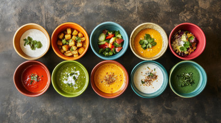 Explore a vibrant selection of dishes presented in colorful bowls, showcasing fresh ingredients and sauces that invite taste and curiosity for every palate.の素材