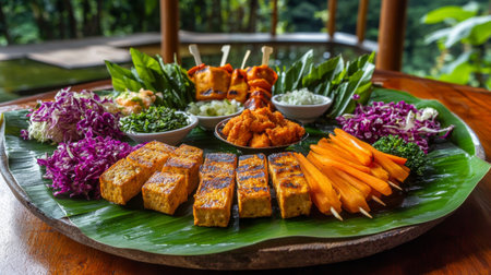 A stunning display of grilled vegetables and fresh salads on a decorative platter, showcasing vibrant colors and healthy ingredients in a serene natural environment.の素材
