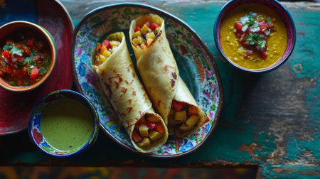 A vibrant Indian cuisine platter showcases vegetable wraps, lentil soup, and spicy sauces, perfect for food lovers exploring diverse culinary traditions and flavors.の素材