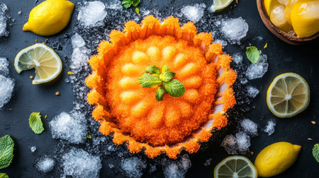 This eye-catching citrus dessert features vibrant orange hues, garnished with fresh mint and surrounded by lemons and ice, perfect for summer gatherings and culinary delights.の素材