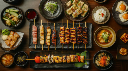 A stunning layout of grilled skewers and various Asian dishes, capturing the essence of culinary art with bright colors and inviting textures on a wooden table.の素材