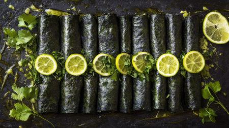 Delight in these fresh seaweed wraps decorated with lemon slices and herbs, perfect for healthy eating, vibrant meals, and inviting culinary presentations.の素材