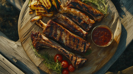 Indulge in a mouth-watering display of grilled ribs drizzled with barbecue sauce, paired with charred vegetables and fresh cherry tomatoes on a rustic wooden board.の素材