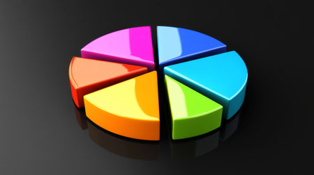 A vibrant 3D pie chart showcasing various colored segments against a reflective black background, ideal for business presentations and data analysis visuals.の素材