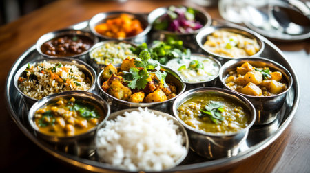 Experience the vibrant colors and rich flavors of Indian cuisine with this delightful platter featuring assorted dishes served in metal bowls, perfect for sharing with family and friends.の素材