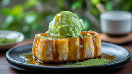 A mouthwatering dessert featuring matcha ice cream atop a soft toast slice, drizzled with rich caramel sauce, and set against a backdrop of vibrant greenery.の素材