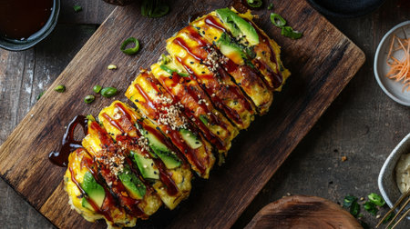 A beautifully presented okonomiyaki showcases grilled layers of taste with fresh avocado, garnished with sesame and sauces on a rustic wooden surface. Perfect for food lovers.の素材