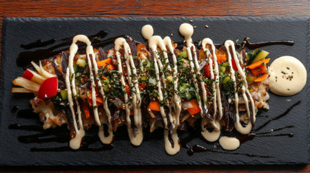 A vibrant gourmet grilled fish dish beautifully arranged with fresh vegetables, drizzled with a creamy sauce, perfect for culinary visuals and food photography.の素材