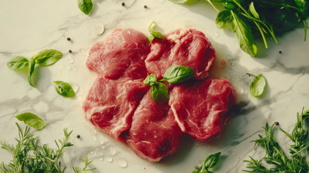 Vibrant and fresh cuts of raw meat beautifully arranged on a marble surface with aromatic herbs, perfect for culinary creations and showcasing high-quality ingredients.の素材