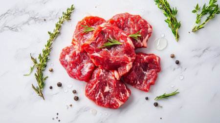 A vibrant arrangement of fresh raw beef cuts surrounded by aromatic herbs on a marble surface, perfect for culinary creations and enticing food photography.の素材