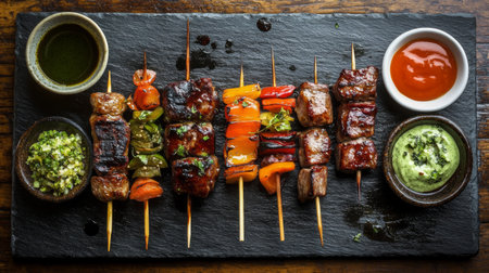 A vibrant assortment of grilled skewers featuring a mix of vegetables and meats on a rustic slate platter, accompanied by dipping sauces for a delightful culinary experience.の素材