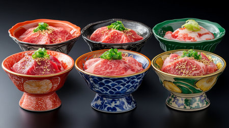 Discover an exquisite display of traditional Japanese cuisine featuring bowls of beef slices topped with gourmet garnishes. A feast for food lovers and photographers alike.の素材