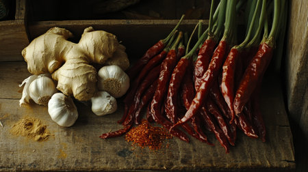 A captivating arrangement of fresh ginger, vibrant garlic, and dried red chili peppers on a rustic wooden surface, perfect for enhancing culinary creations with bold flavors.の素材