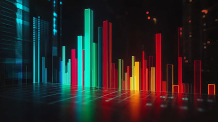 This vibrant abstract data visualization features colorful vertical bars against a dark backdrop, illustrating metrics and analytics in a modern and dynamic way.の素材