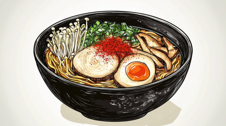 An inviting illustration of a bowl of ramen featuring soft-boiled eggs, mushrooms, and fresh green onions, perfect for culinary art and delicious dining experiences.の素材