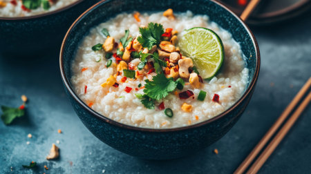 A delicious bowl of creamy rice porridge garnished with fresh herbs, sliced lime, and chopped nuts. Perfect for a warm comfort food option on any table.の素材