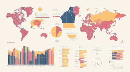 An engaging infographic showcasing a colorful world map alongside various graphs and charts that illustrate global data trends and insights for educational purposes.の素材
