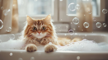 A charming orange cat enjoys a bubble bath in a cozy tub, surrounded by floating bubbles and warm sunlight, capturing a moment of relaxation and joy.の素材