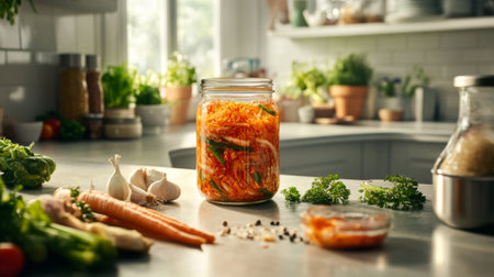 A beautifully arranged scene featuring a jar of kimchi on a kitchen countertop, surrounded by fresh vegetables, herbs, and a bright, airy atmosphere, perfect for food lovers.の素材