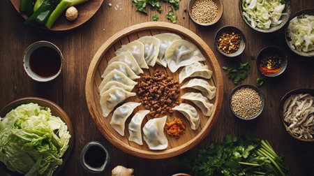 A beautifully arranged platter of dumplings surrounded by fresh ingredients and spices, showcasing vibrant colors and textures typical of Asian culinary traditions.の素材