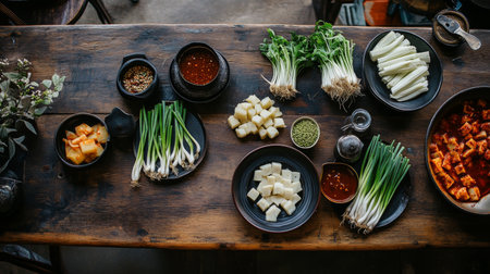A beautiful arrangement of fresh ingredients on a rustic wooden table, showcasing vegetables and sauces that inspire healthy cooking and meal preparation.の素材