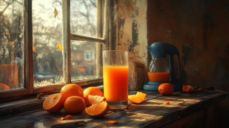A vibrant glass of orange juice sits on a rustic wooden table near a vintage window, surrounded by fresh orange fruits, capturing a warm and inviting morning atmosphere.の素材