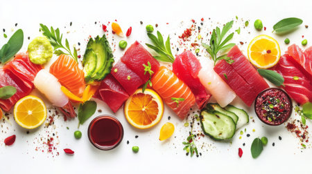 A stunning display of fresh sushi and sashimi artfully arranged with vibrant vegetables and citrus fruits, ideal for showcasing culinary creativity and promoting healthy eating.の素材
