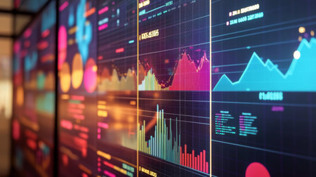 Vibrant data visualization showcased on digital screens, displaying various graphs and charts that represent business insights and financial trends in a contemporary office setting.の素材