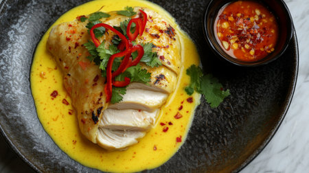 A beautifully plated succulent chicken breast served with a rich creamy yellow sauce, garnished with fresh herbs and red chili slices for a vibrant presentation.の素材