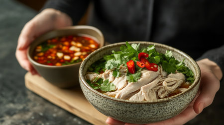 A comforting chicken soup garnished with fresh herbs and chilies, paired with a spicy dipping sauce, perfect for a cozy meal in a warm kitchen atmosphere.の素材