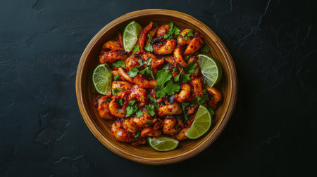 A vibrant and appetizing spicy shrimp dish garnished with fresh lime and herbs, beautifully presented in a rustic wooden bowl, ideal for any gourmet food setting.の素材