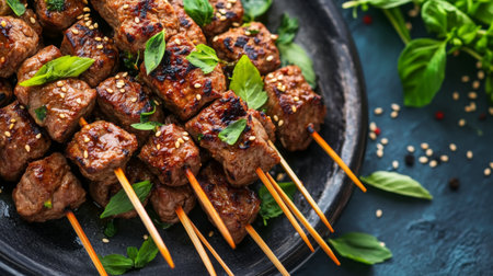Savor the mouthwatering taste of grilled meat skewers, beautifully garnished with fresh herbs, sesame seeds, and vibrant colors, perfect for any gathering or celebration.の素材