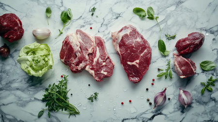 A beautifully arranged selection of fresh raw meat cuts surrounded by aromatic herbs, spices, and fresh vegetables perfect for any culinary endeavor or cooking project.の素材