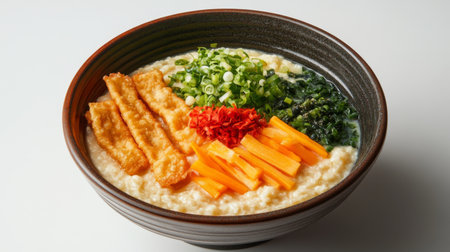 A beautifully arranged bowl of creamy rice porridge topped with crispy chicken, fresh herbs, and vibrant vegetables, perfect for a comforting and nutritious meal.の素材