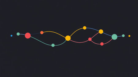 This vibrant abstract design features a wave-like pattern with colorful circular elements that creates a modern and dynamic visual appeal suitable for various creative projects.の素材