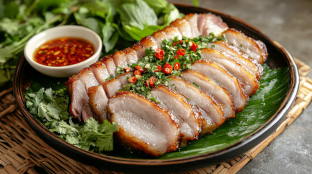 A vibrant and appetizing display of sliced roast pork garnished with fresh herbs and red chili, served on a leaf with a side of spicy sauce for dipping.の素材