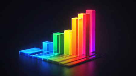 Vibrant neon bars represent data growth and trends against a dark background, ideal for showcasing modern analytics, financial reports, or marketing strategies.の素材
