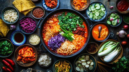 A beautiful arrangement of fresh vegetables and noodles in a spicy soup, reflecting the essence of Asian cuisine and the art of cooking with vibrant ingredients.の素材