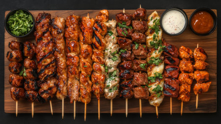 A visually appealing display of assorted grilled meat skewers served on a wooden board, complemented by various dipping sauces and fresh garnishes, ideal for gatherings.の素材
