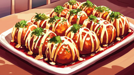 A beautifully arranged plate of takoyaki balls drizzled with creamy sauce and garnished with fresh greens, creating an enticing visual for food lovers. Perfect for Japanese cuisine.の素材