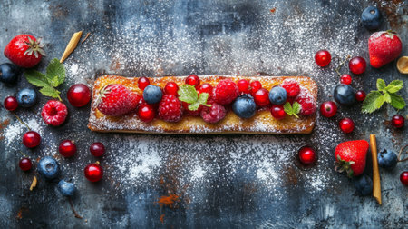 A visually appealing dessert featuring a baked treat adorned with fresh berries, mint leaves, and a dusting of powdered sugar, perfect for culinary inspiration.の素材