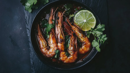 This enticing image captures perfectly grilled shrimp served in a sleek black bowl, garnished with fresh herbs and vibrant lime slices for a delicious meal experience.の素材