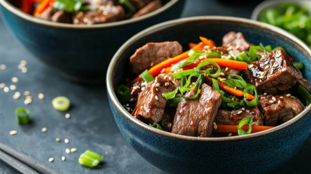 Indulge in a vibrant beef stir-fry featuring tender meat and fresh vegetables, garnished with sesame seeds and green onions, perfect for a delightful dinner.の素材