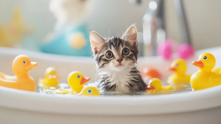 A cute kitten enjoys a fun bath time with bright rubber ducks, bringing joy and playfulness to any setting, perfect for pet lovers and cheerful decor.の素材