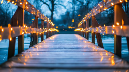 A beautiful wooden bridge covered in soft snow, illuminated by twinkling lights, offers a magical winter scene perfect for a peaceful evening walk or an enchanting holiday outing.の素材