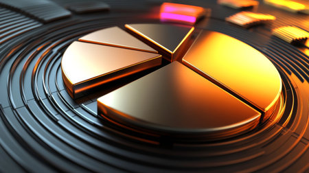A stunning 3D rendering of a golden metallic pie chart on a textured circular surface, ideal for representing data analysis or business concepts in a modern and artistic way.の素材