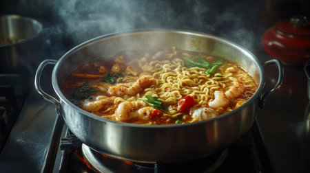 A vibrant and steaming bowl of spicy shrimp noodle soup showcases fresh vegetables and rich flavors, inviting food enthusiasts to explore a delightful culinary experience.の素材