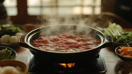 A vibrant hot pot scene featuring steaming meat and fresh vegetables, perfect for a cozy family gathering, highlighting the warmth and joy of shared dining experiences.の素材