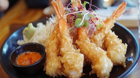 Delight in the enticing presentation of crispy fried shrimp garnished with microgreens and served with a spicy dipping sauce, perfect for seafood enthusiasts.の素材